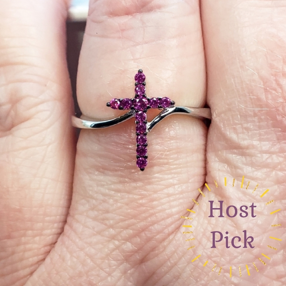 Pink Cross CZ .925 Sterling Silver Ring Size 8